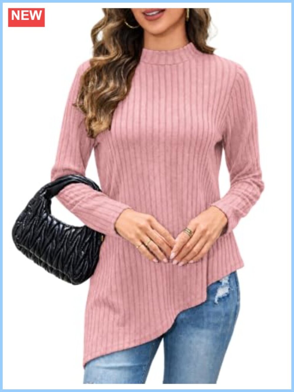 Ribbed Mock Turtleneck Long Sleeve Tunic Top Asymmetric Hem